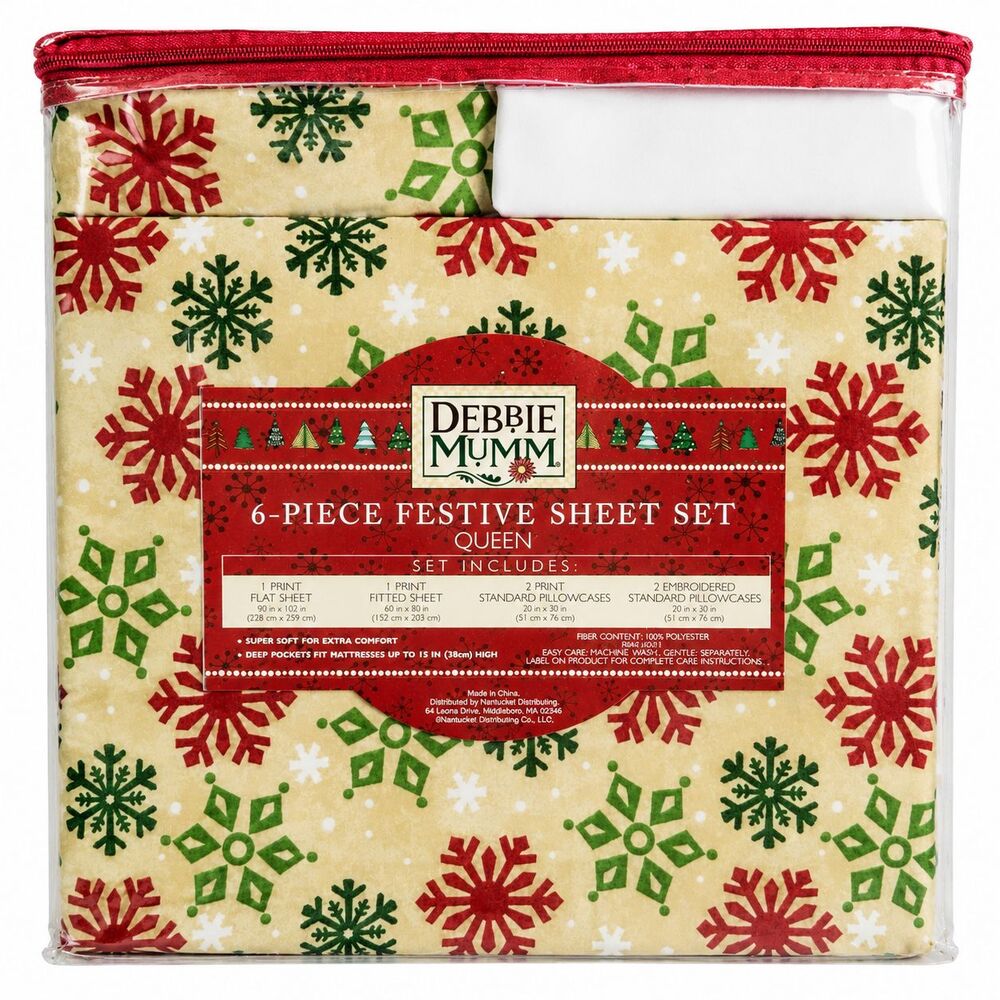 Debbie Mumm Christmas Queen Sheet Set Snowflake Flat Fitted 4 Pillowcases